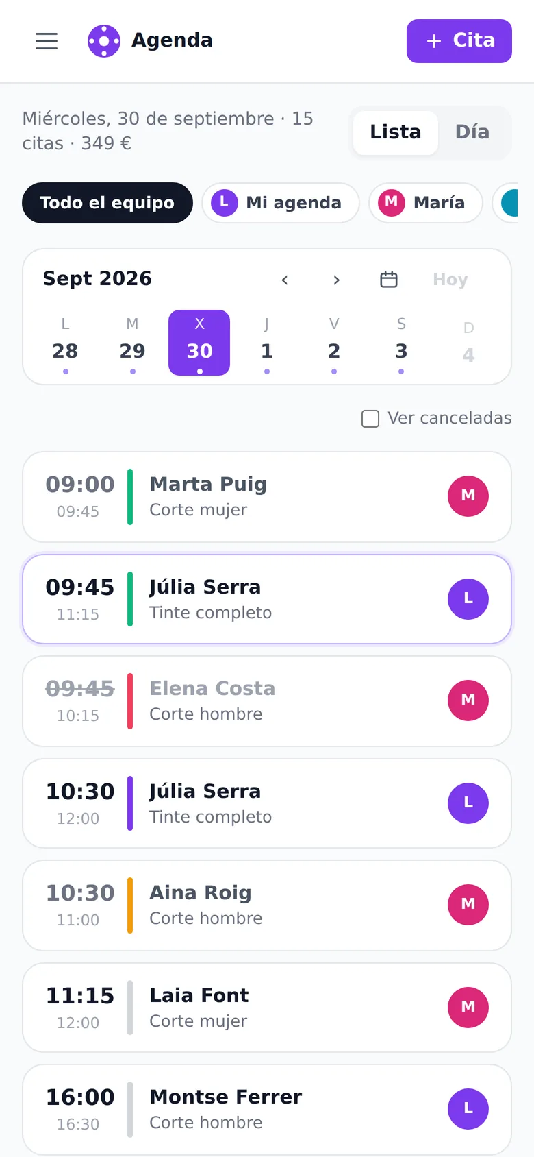 Lista de citas del día en el móvil, con una línea de color que indica el estado de cada una.